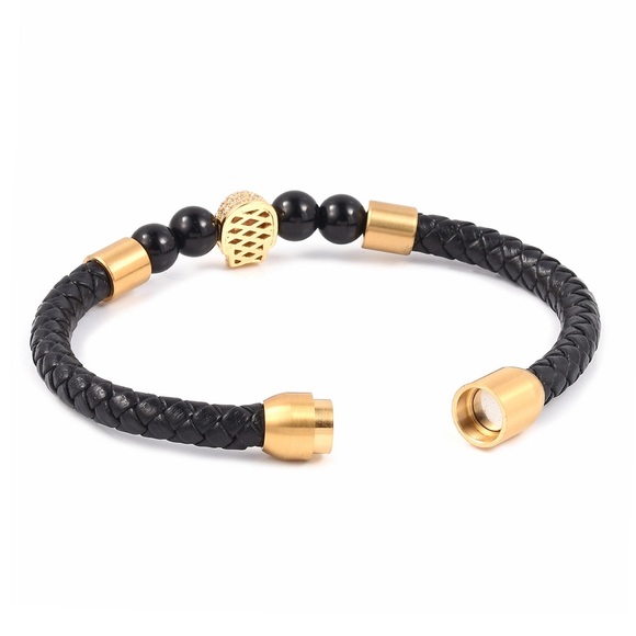 GENUINE LEATHER SKULL BRACELET BLACK & GOLD - 8.5” - Picture 3 of 7